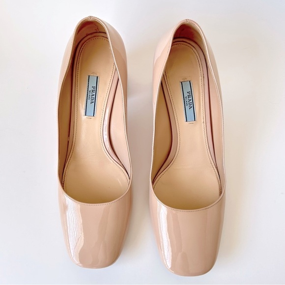 Prada Nude Patent Leather Round Block Heel Square Toe Pumps Size 38.5 - Picture 5 of 12